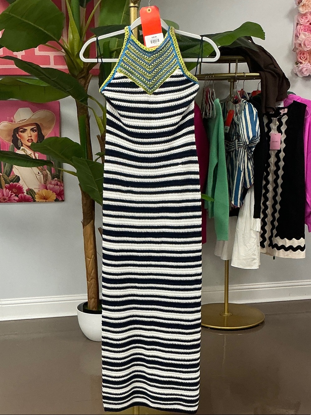 Ramy Brook Navy & White Striped Knit Halter Dress with Green Trim